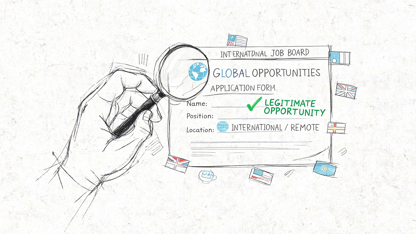 A hand holding a magnifying glass over an international job board application form with global flags.