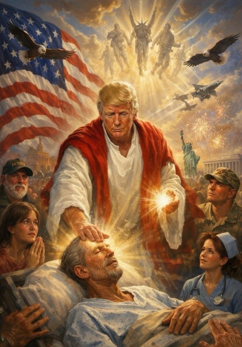 Ai slop image of Trump as Jesus healing a man with symbols of Americanism around him (flag, troops, angels in background) Ai slop image of Trump as Jesus healing a man with symbols of Americanism around him (flag, troops, angels in background)
