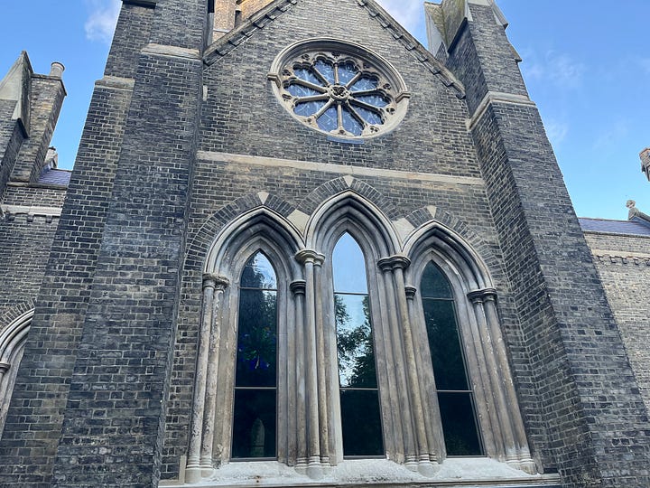 Abney Park Cemetery Chapel, a tall, Dissenting Gothic chapel amidst a woodland