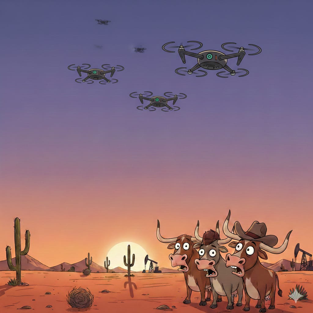 Cartoon image showing a jokey "cartel drone incursion" from Mexico into Texas