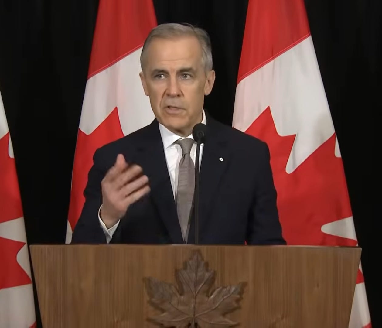 Mark Carney speaks at a podium in front of Canadian flags Mark Carney speaks at a podium in front of Canadian flags