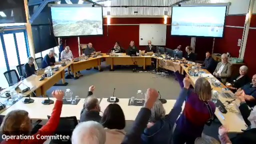 Photo of the "Flash Mob" raising their arms and singing in a Council meeting Photo of the "Flash Mob" raising their arms and singing in a Council meeting