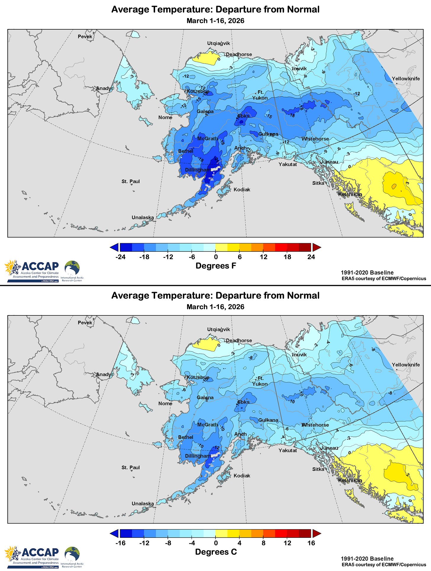 Maps centered on Alaska showing the average temperature March 1-16, 2026 as the difference from the 1991-2020 baseline average. The top map shows the departures in degrees Fahrenheit, the bottom map in degrees Celsius. 