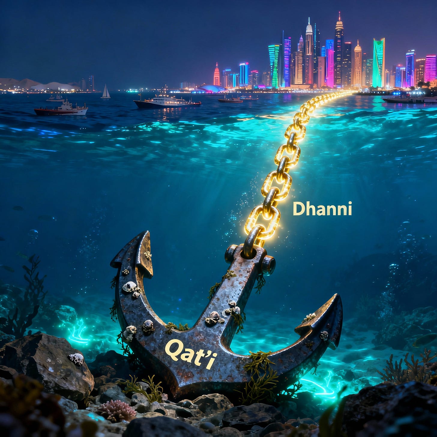 A massive anchor labeled 'Qat’i' embedded in the seafloor with a glowing chain labeled 'Dhanni' extending to a vibrant city above.