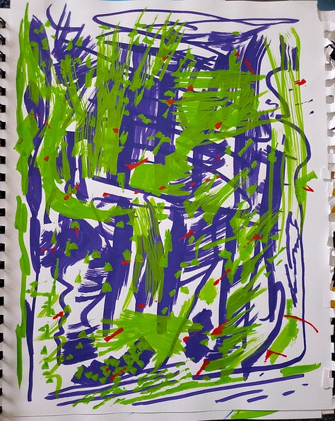 A series of abstract paintings with lots of squiggly lines in bright green, red, and blue/purple.