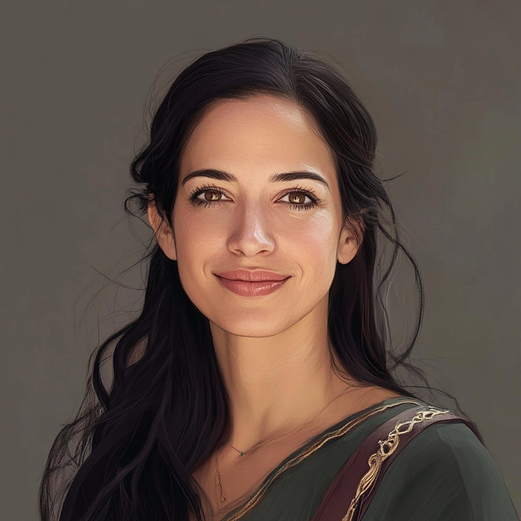 A portrait of Liat Portal reimagined by MidJourney, featuring a soft expression, deep brown eyes, and dark wavy hair. The artistic rendering highlights intricate details, blending realism with a painterly style.