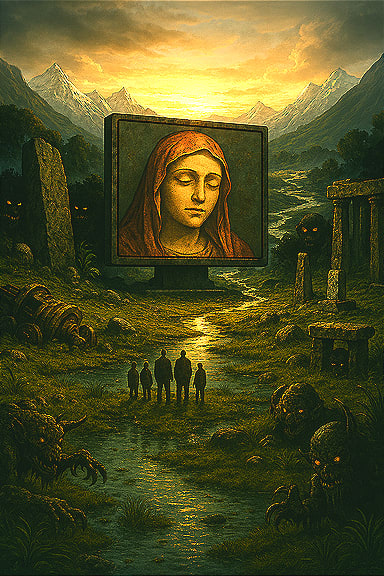 A photorealistic mythic landscape ringed by mountains, with water flowing through streams, marshes, and ancient monuments. Abandoned machinery lies scattered, and shadowy monsters lurk near towering megaliths. At the center, a gigantic monitor displays a maternal goddess figure, glowing with divine presence, while minions below stare up at it in a bewitched trance.