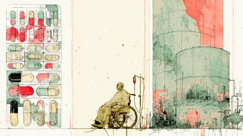 Minimalist illustration in muted shades of pale green, beige, and red. At the center, an elderly, frail-looking person sits alone in a wheelchair connected to an IV drip. On the left, a large blister pack of red, white, and green pills fills most of the frame, with several empty compartments suggesting ongoing treatment. On the right, the silhouettes of large industrial tanks or factory structures rise against a reddish sky. The wide empty space separating the three elements emphasizes isolation while visually linking illness, medical care, and the industrial environment. Illustration by Fourate Chahal El Rekaby