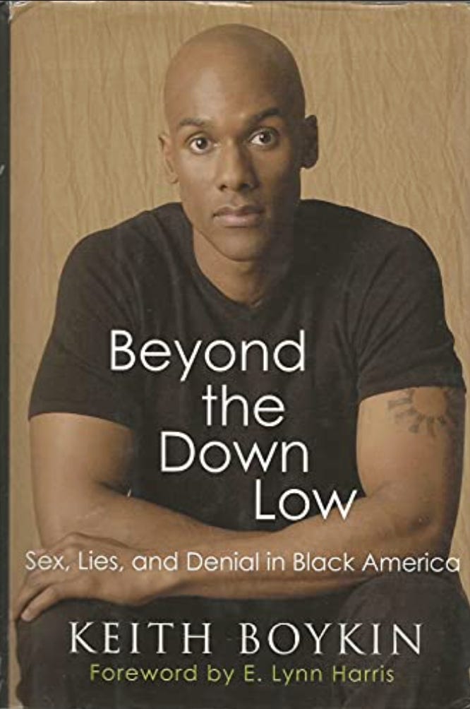 Book cover of Keith Boykin's "Beyond the Down Low: Sex, Lies, and Denial in Black America," showing a seated Black man in a black T-shirt, arms crossed. Book cover of Keith Boykin's "Beyond the Down Low: Sex, Lies, and Denial in Black America," showing a seated Black man in a black T-shirt, arms crossed.