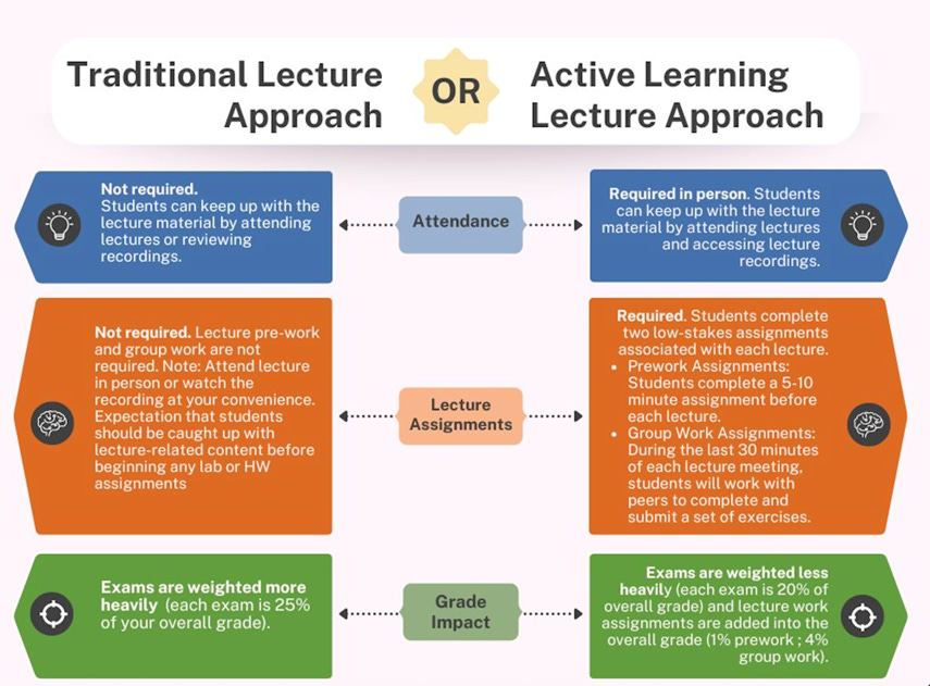 Graphic from STATS 250 syllabus outlining student options to pursue Active / Traditional lecture approaches. Active approach students have required in-person attendance and lecture activities graded on accuracy; exams are weighted lower. Traditional approach students have optional attendance and lecture activities, but a heavier weight is assigned to their exam scores. 