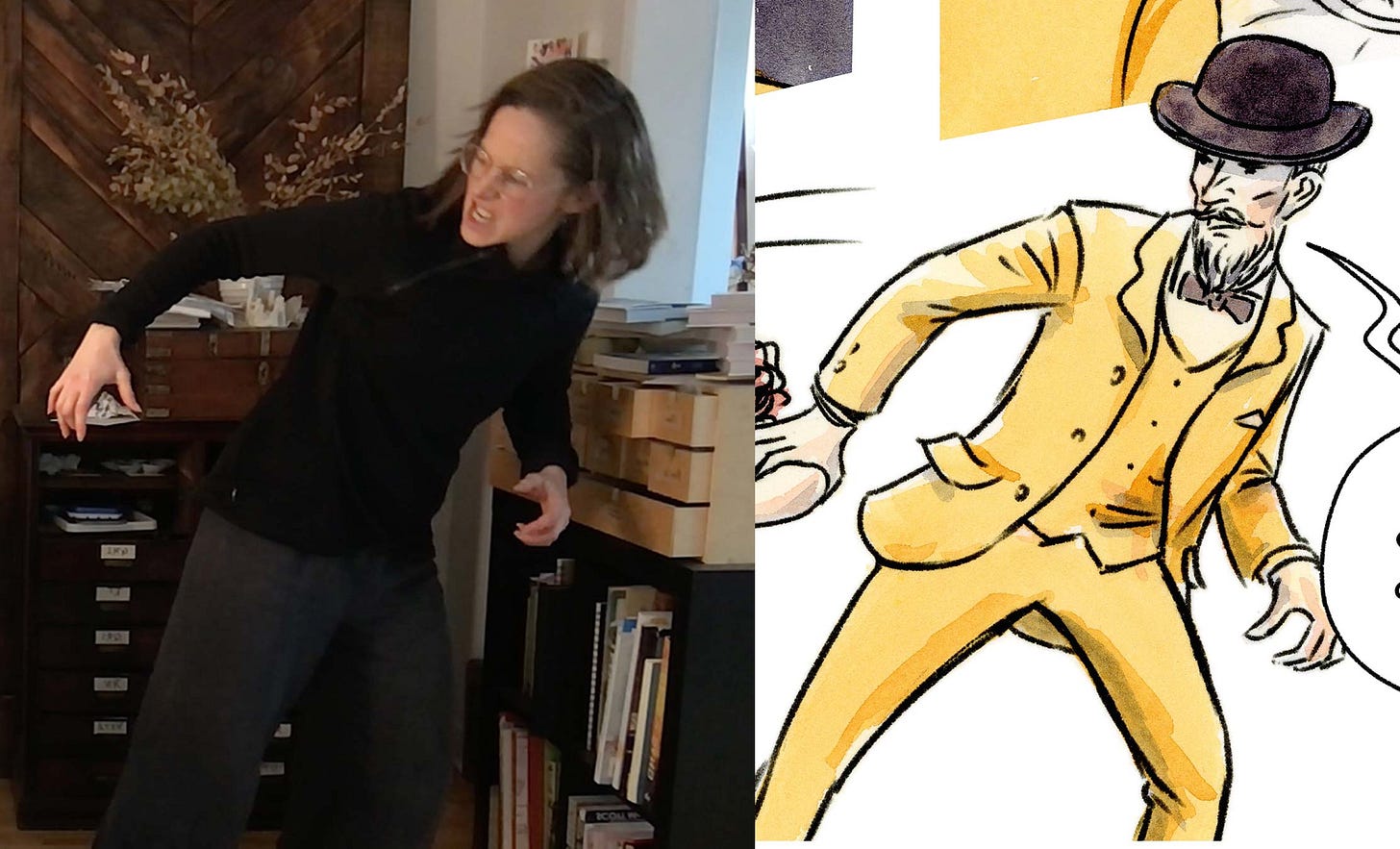 Finalized watercolor drawing with reference image by graphic novelist K. Woodman-Maynard. 