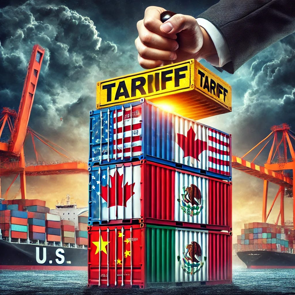 A dramatic visual representation of the U.S. trade war, featuring shipping containers stacked with the flags of Canada, Mexico, and China. A large 'TARIFF' stamp is being pressed onto the containers, symbolizing economic tension. The background features a stormy sky and shipping ports, emphasizing the disruption to global trade.