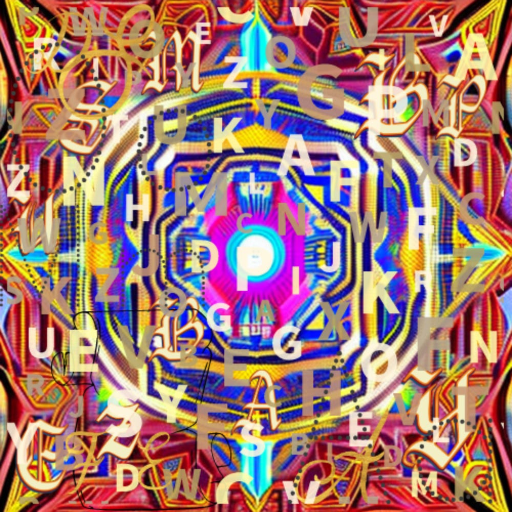 A chaotic, psychedelic mandala bursting with vivid reds, blues, and yellows, overlaid with scattered, floating letters in various fonts—symbolising the fracturing of language into abstract noise, echoing the Babel Effect.