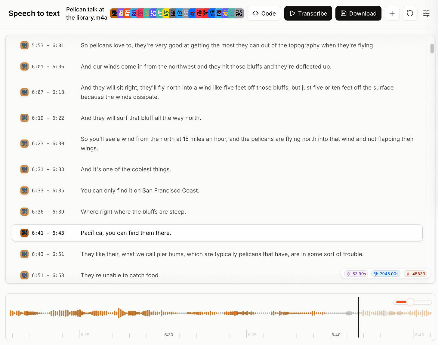 Screenshot of a speech-to-text transcription interface for a file named 