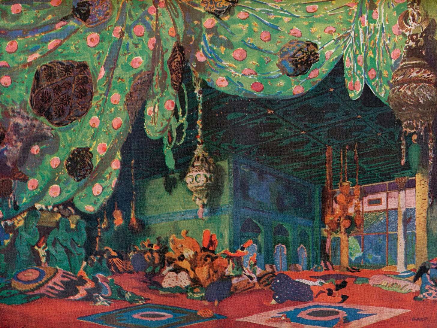 Leon Bakst Setting for Scheherazade 1910. Scheherazade is a ballet based on the legendary Arabic queen and the... Leon Bakst Setting for Scheherazade 1910. Scheherazade is a ballet based on the legendary Arabic queen and the...