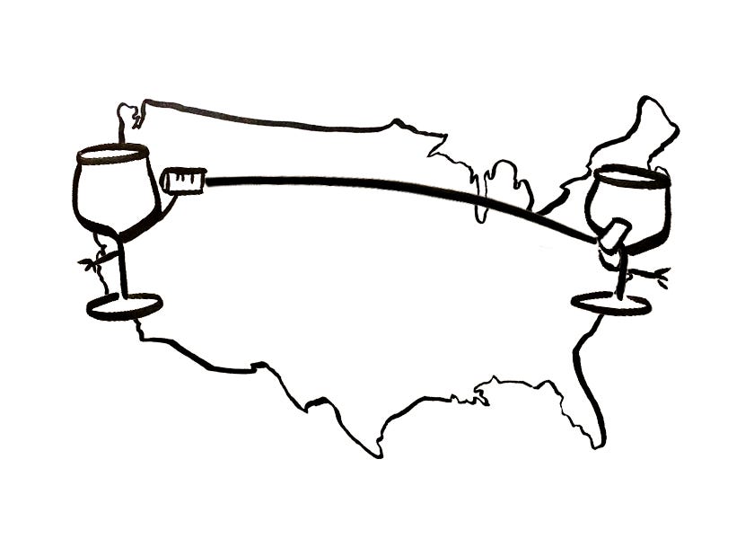 Two anthropomorphic wine glasses talk to one another via cans on a string