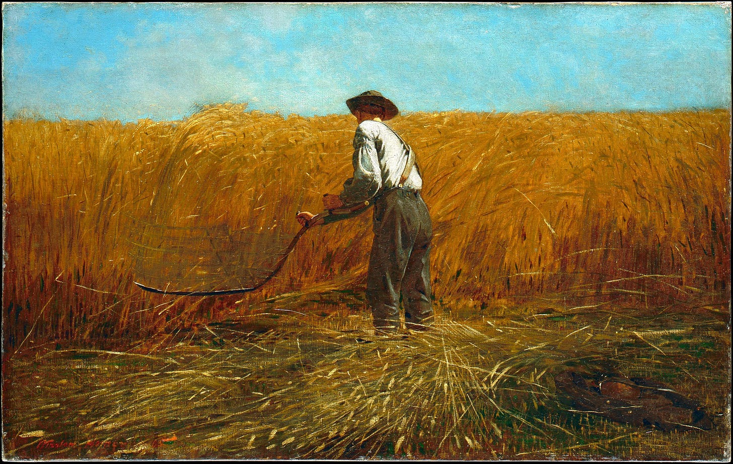 Winslow Homer's painting The Veteran in a New Field: a man in a white shirt swings a scythe through ripe wheat, his back to the viewer, a discarded Union army jacket and canteen on the ground at lower right. Winslow Homer's painting The Veteran in a New Field: a man in a white shirt swings a scythe through ripe wheat, his back to the viewer, a discarded Union army jacket and canteen on the ground at lower right.