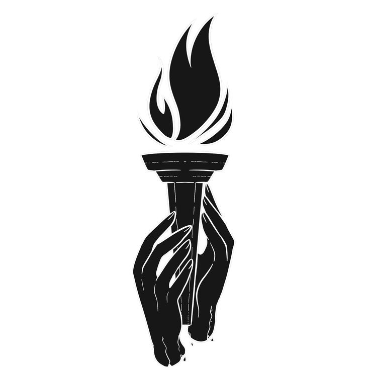 This may contain: a black and white drawing of a hand holding a bowl with flames coming out of it