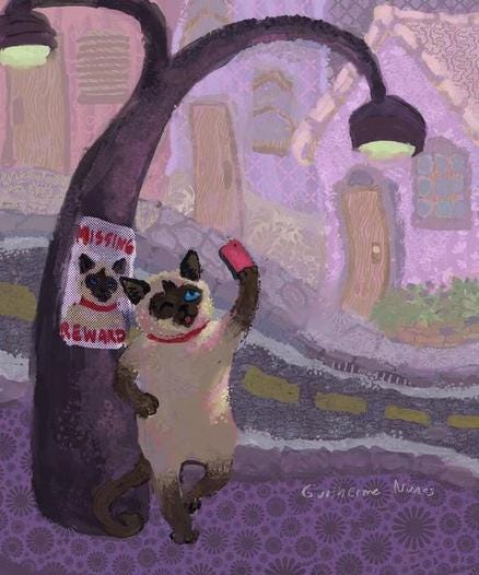painting of a Siamese cat taking a selfie in front of a post with a picture of him on a missing person poster