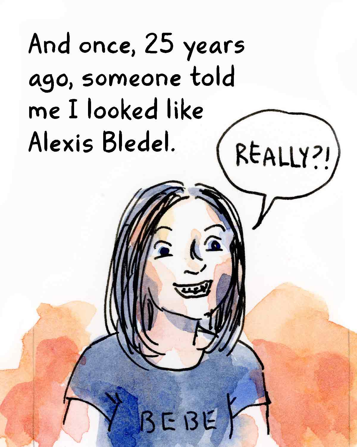 Watercolor comic about Rory Gilmore narrating graphic novelist K. Woodman-Maynard’s adaptation of Tuck Everlasting. Text from the comic reads, “And once, 25 years ago, someone told me I looked like Alexis Bledel.”