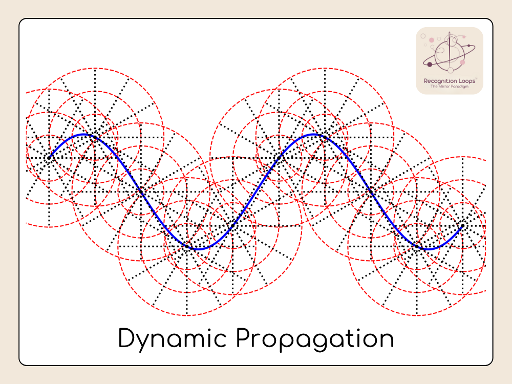 A dense mesh of overlapping red and black dashed circles representing spherical wavelets. Through the centre runs a blue sinusoidal line, showing the emergent wavefront formed by their superposition. The image visualises the dynamic propagation of many recognition loops interacting, producing the shared weave of reality and the arrow of time.