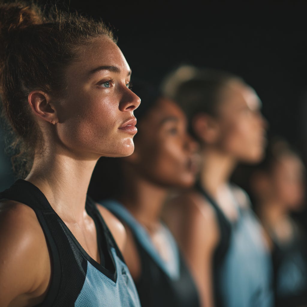 Female basketballer nervous next to her team before a game. Female basketballer nervous next to her team before a game.
