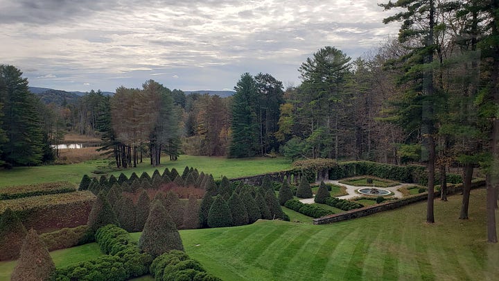 Edith Wharton's home The Mount. View from the window to the gardens and Laurel Lake, the French flower garden, Lime Walk, and sunken Italian garden.