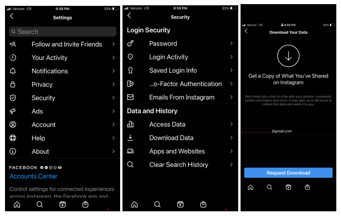 To request a data download, navigate to your account settings, then security, and then download data. To request a data download, navigate to your account settings, then security, and then download data.