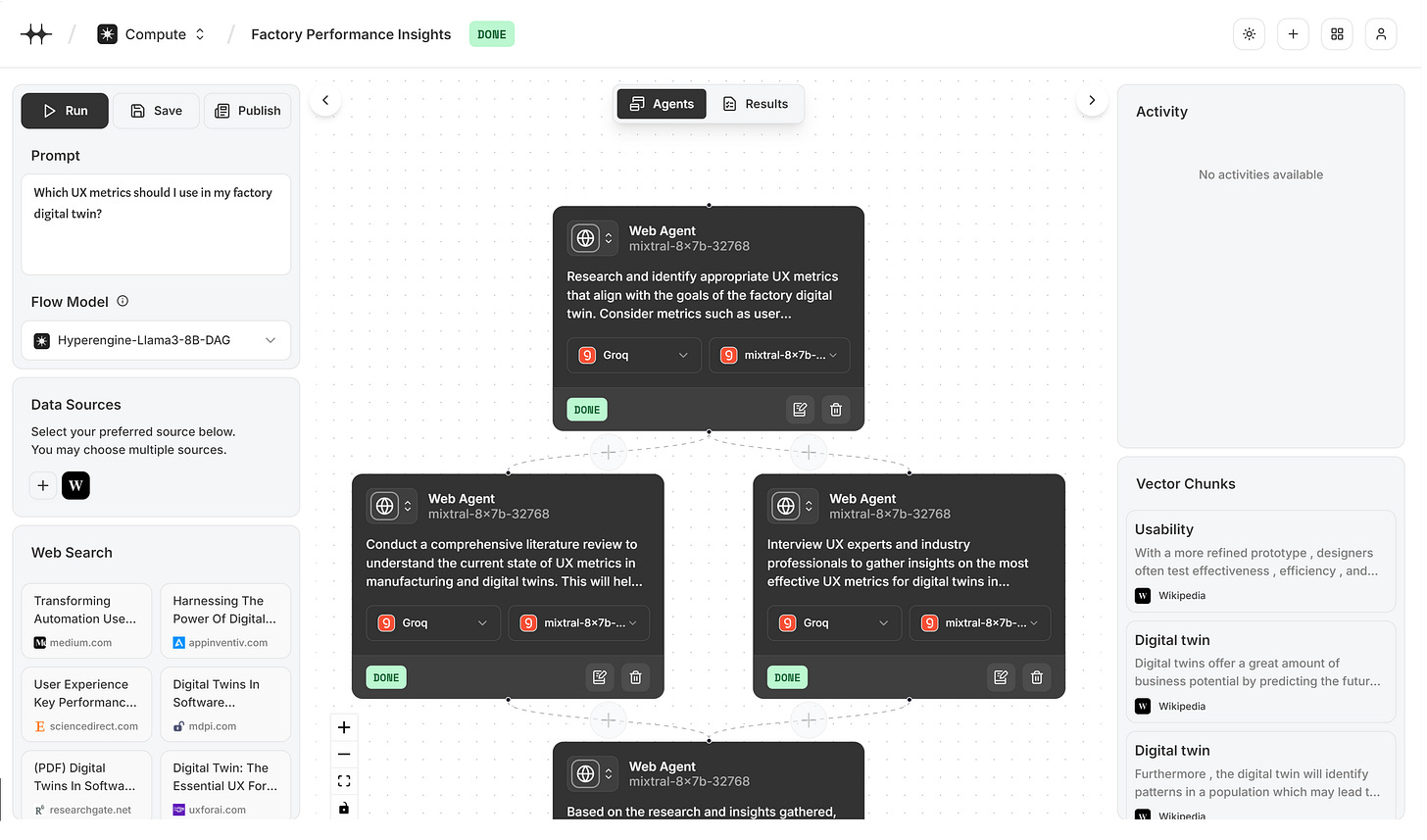A screenshot of the Compute application by hyper.space showing various research agents