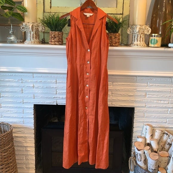 Casual Corner 100% Linen Vintage Rusty Orange Button Front Maxi Dress Size 4 - Picture 1 of 8