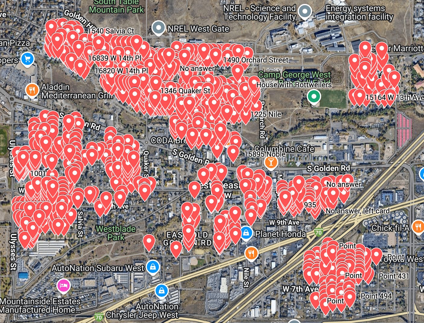 hundreds of red pins mark houses in a satellite image of Pleasant View hundreds of red pins mark houses in a satellite image of Pleasant View