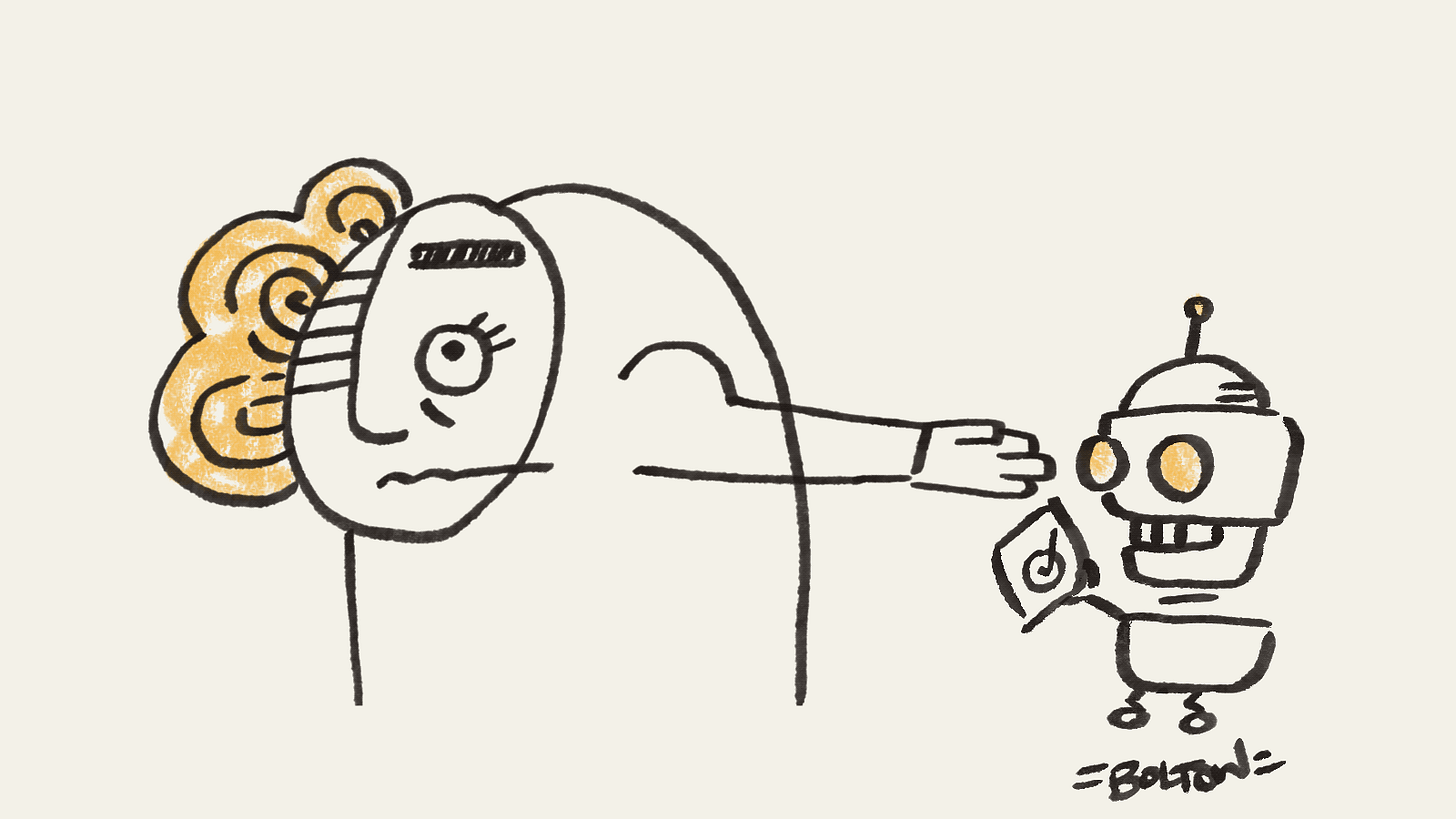 A small robot hands a ballot to a person, who posts it into a slot in their own head. Illustration by Rachael Bolton. A small robot hands a ballot to a person, who posts it into a slot in their own head. Illustration by Rachael Bolton.
