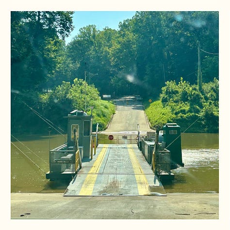 Three images show additional sites to visit while at Mammoth Cave. The first image features a black-top paved trail and a wooden sign indicating the Old Guide's Cemetery is ahead. The second image shows the murky Green River, with the park's ferry centered and ready to accept travelers. The final image is of Sloan's Crossing Pond, which is somewhat swampy; a tree branch frames the image.