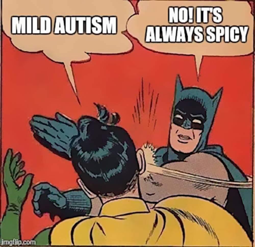 Batman meme image. Robin says, "Mild Autism." Batman slaps Robin and says "No! It's always spicy!"