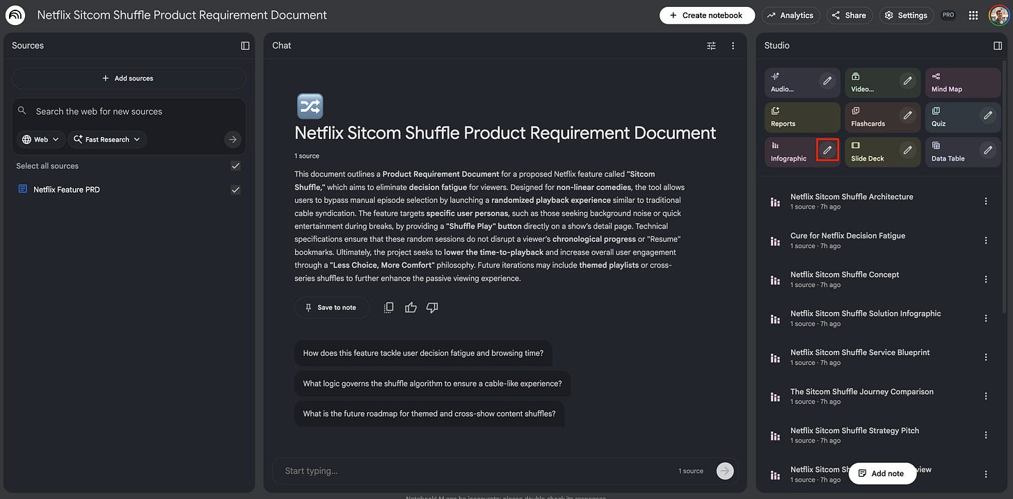 Screenshot of NotebookLM showing a document titled "Netflix Sitcom Shuffle PRD" and the studio panel on the right with an "Infographic" button.