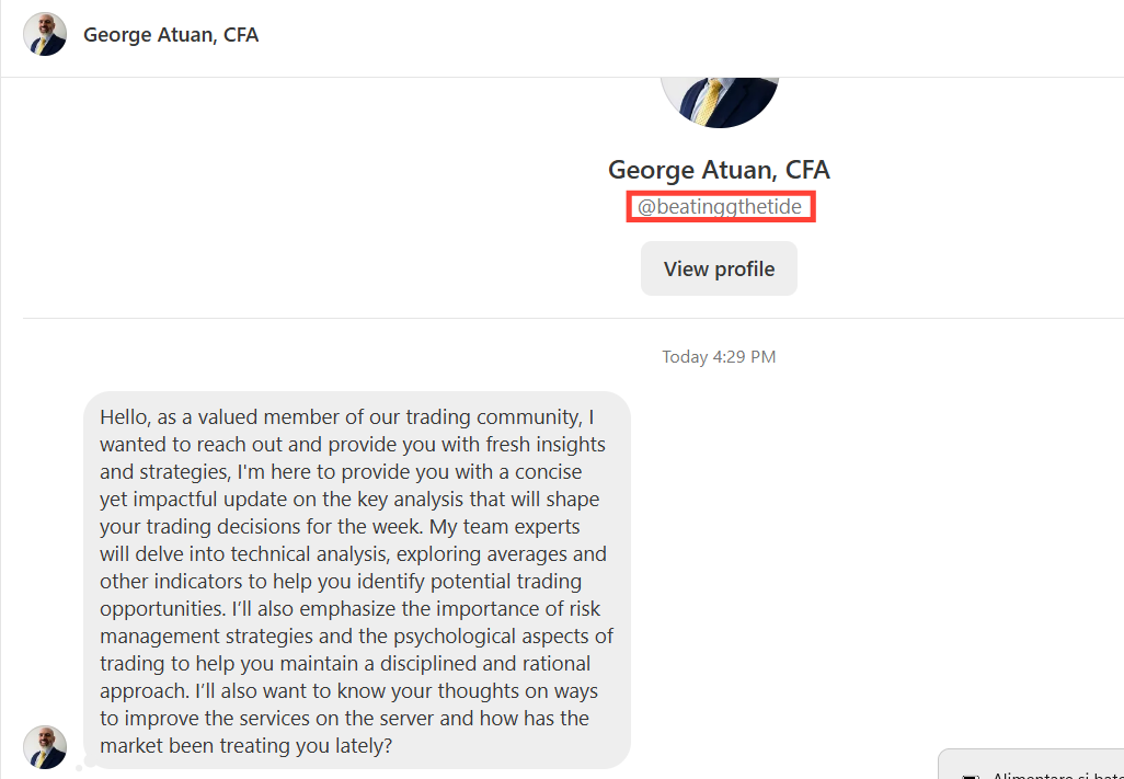 Screenshot of a fake message from an impersonator account mimicking George Atuan of Beating the Tide newsletter, using the handle @beatinggthetide. Warning readers about scam trading messages falsely claiming to offer expert analysis. Screenshot of a fake message from an impersonator account mimicking George Atuan of Beating the Tide newsletter, using the handle @beatinggthetide. Warning readers about scam trading messages falsely claiming to offer expert analysis.
