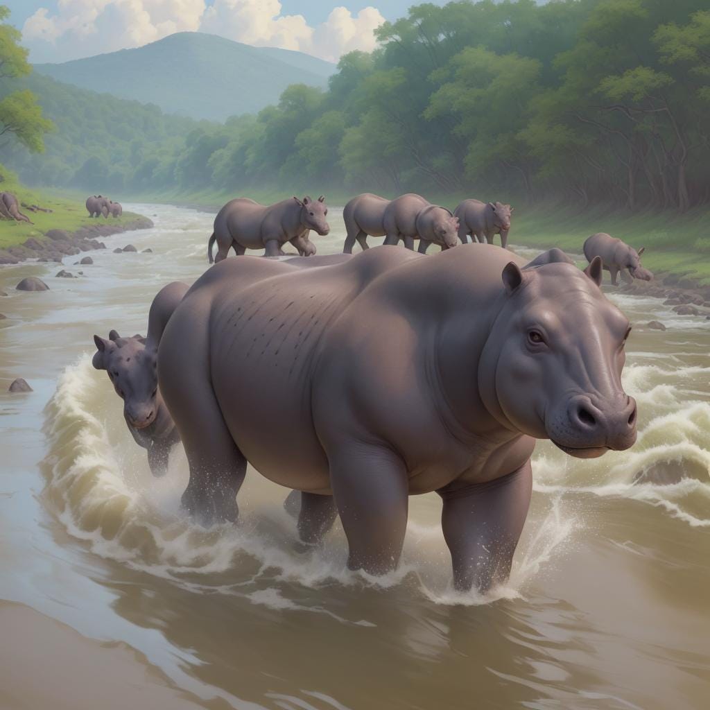 A stampeding herd of hippopotamuses in a river. There is a baby hippopotamus at the front of the herd. A lemur is riding the baby hippopotamus. A stampeding herd of hippopotamuses in a river. There is a baby hippopotamus at the front of the herd. A lemur is riding the baby hippopotamus.