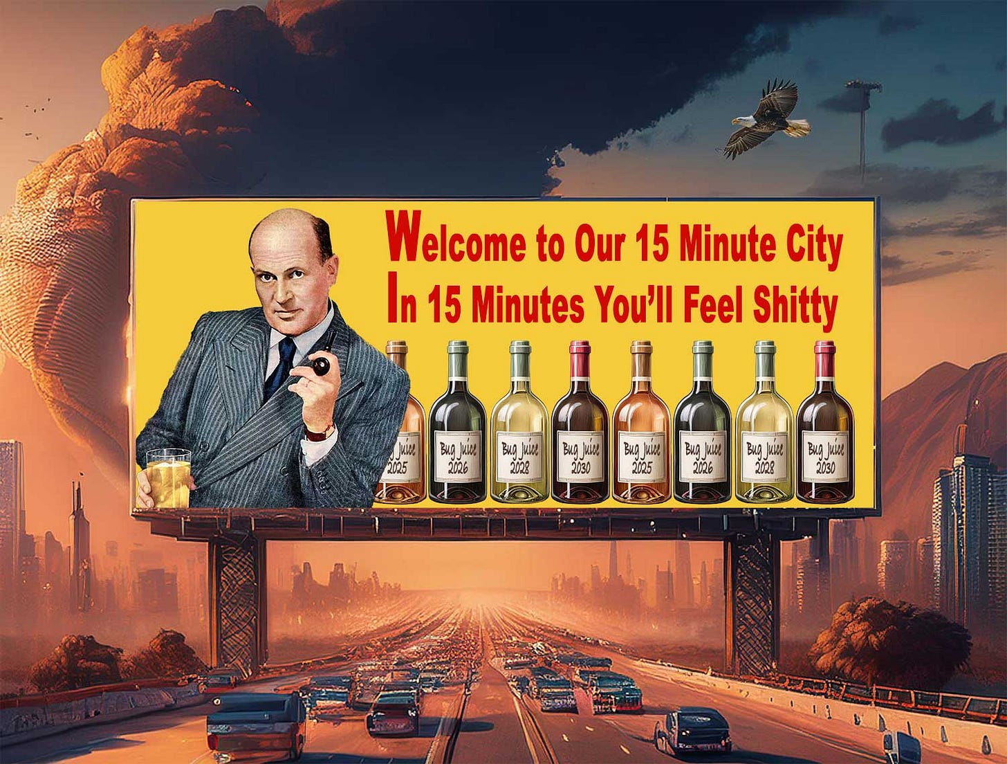 A large billboard over a freeway into a polluted city. It says, Welcome to our 15 minute city. In 15 minutes you'll feel shitty.