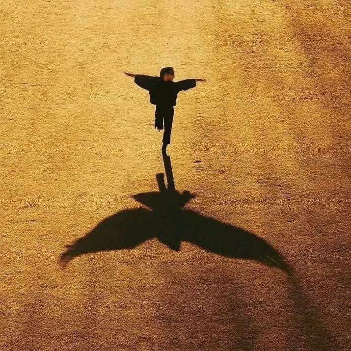 This may contain: a shadow of a person standing in the middle of an open field with their arms outstretched