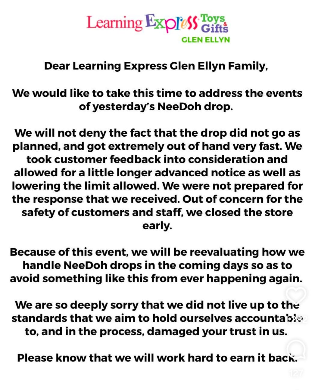A notes app apology from a toy store where a NeeDoh drop went wrong.
