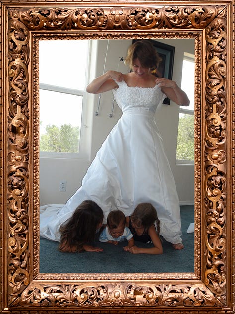 Several images of author Rosa Linda Román wearing a white wedding dress with her three kids playing underneath it like a tent.