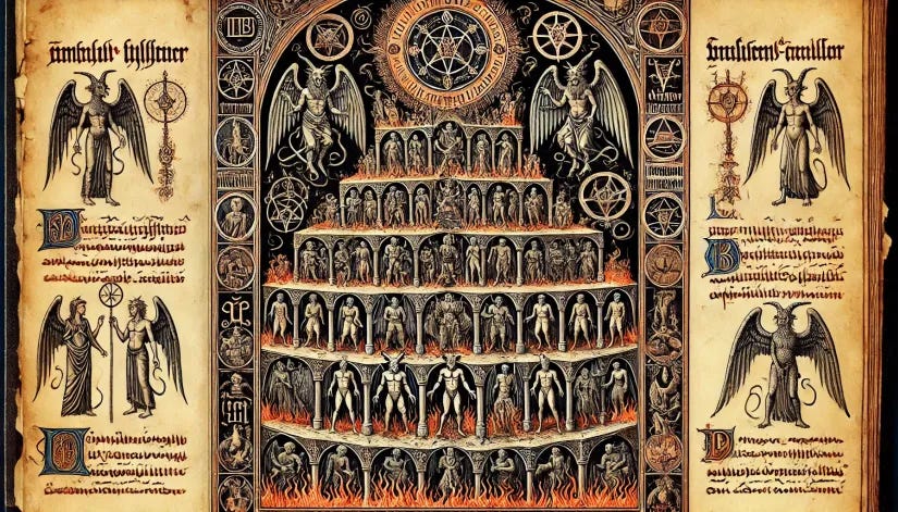 An ancient religious manuscript page depicting the hierarchy of Hell with demonic figures and symbols.