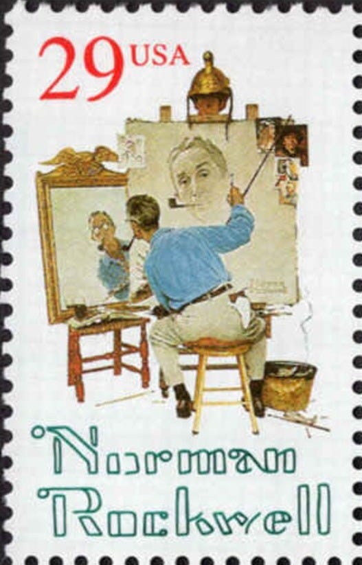 May include: Four postage stamps featuring Norman Rockwell's artwork. Each stamp depicts a painter at an easel, working on a self-portrait. The stamps are 29 cents each and have the text 'Norman Rockwell' and '29 USA'. The color scheme is predominantly light blue, beige, and red. The stamps are arranged in a 2x2 grid. May include: Four postage stamps featuring Norman Rockwell's artwork. Each stamp depicts a painter at an easel, working on a self-portrait. The stamps are 29 cents each and have the text 'Norman Rockwell' and '29 USA'. The color scheme is predominantly light blue, beige, and red. The stamps are arranged in a 2x2 grid.