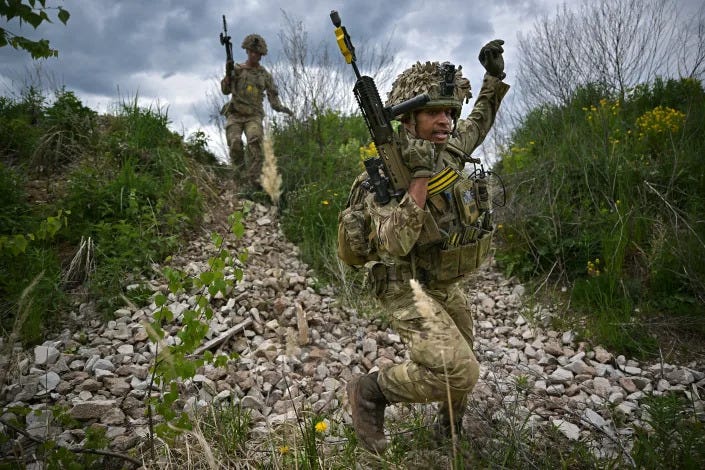 Soldiers from the Royal Welsh Battlegroup participate in maneuvers during NATO's Exercise Hedgehog on the Estonian-Latvian border in 2022. Soldiers from the Royal Welsh Battlegroup participate in maneuvers during NATO's Exercise Hedgehog on the Estonian-Latvian border in 2022.