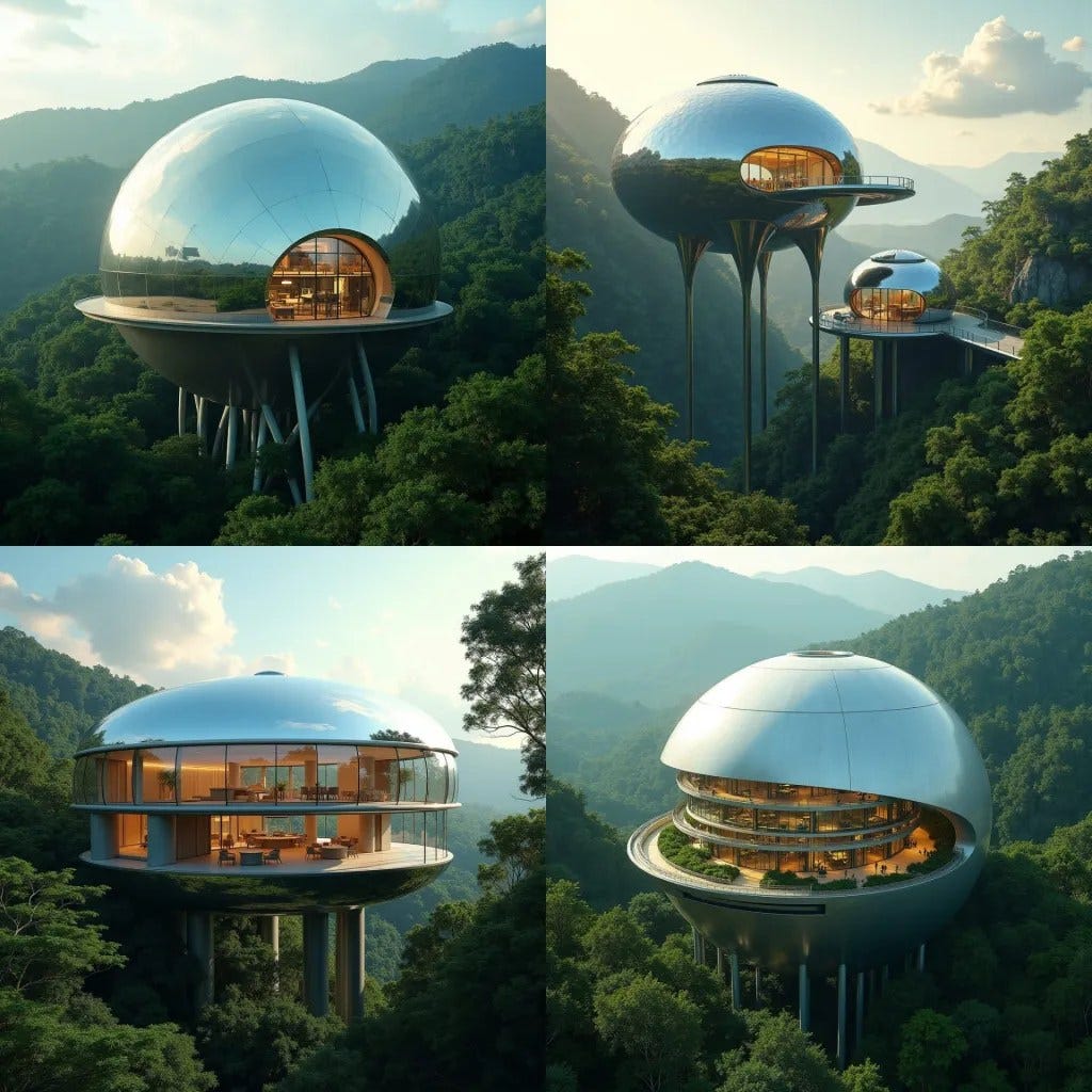 A futuristic, eco-friendly school, a massive sphere nestled into Jamaica's lush Blue Mountains, its reflective surface mirroring the surrounding forest, elevated on slender stilts, creating the illusion of floating above the landscape, with solar panels and natural ventilation blending seamlessly into the tropical environment. Inside, circular, multi-level rooms spiral around a central core, glass walls offering breathtaking, uninterrupted views of the misty mountains.