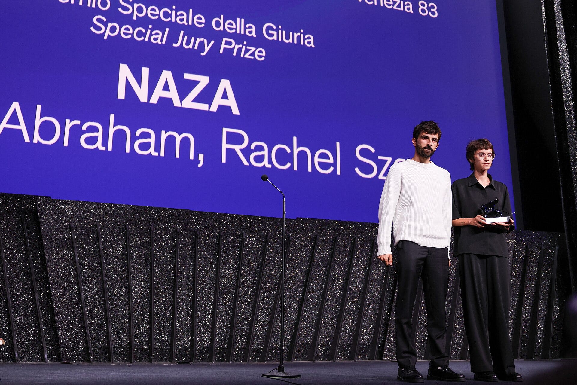 Directors of NAZA, Yuval Abraham and Rachel Szor, accepting the special jury prize at the Venice Film Festival