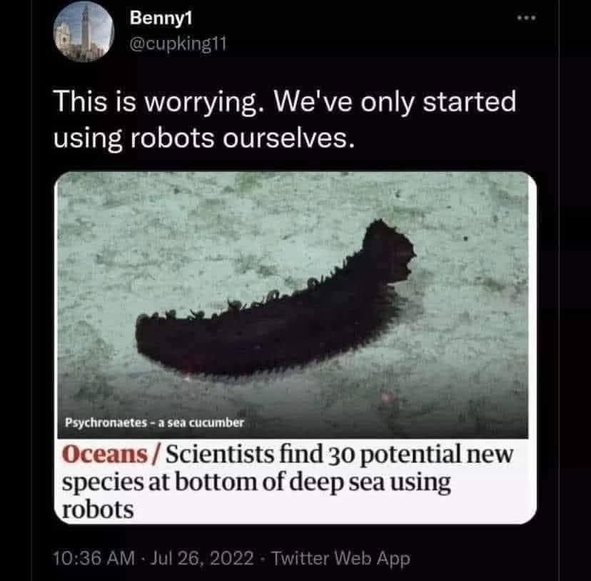 May be an image of text that says "Benny1 This is worrying. We've only started using robots ourselves. Psychronaetes a 3 sea cucumber Oceans/ Scientists find 30 potential new species at bottom of deep sea using robots"