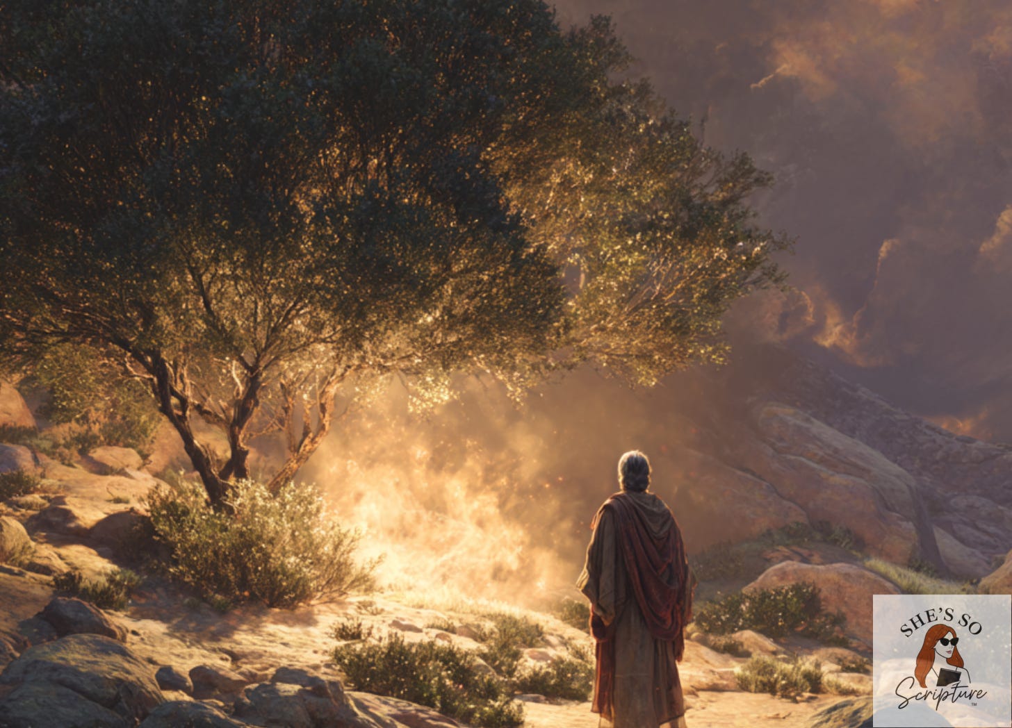 Moses standing before a burning bush for Torah Portion Shemot Moses standing before a burning bush for Torah Portion Shemot