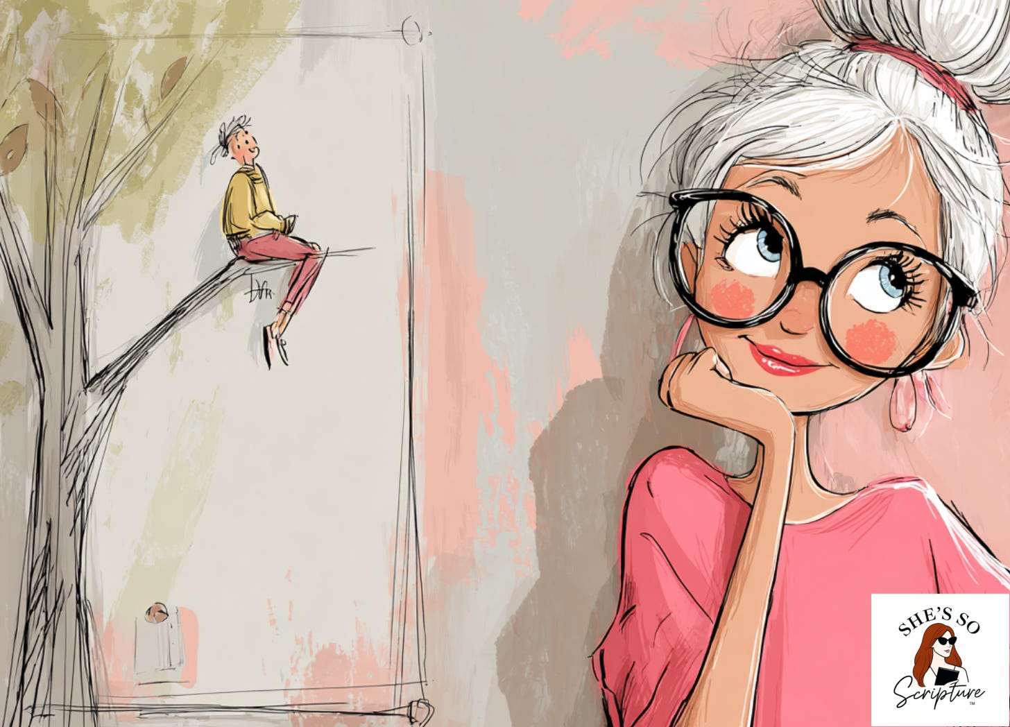 Whimsical illustration of a cheerful elderly Sunday school teacher with white hair in a bun and round glasses, standing next to a felt flannel board displaying a small cartoon figure sitting in a sycamore tree, representing the story of Zacchaeus. Whimsical illustration of a cheerful elderly Sunday school teacher with white hair in a bun and round glasses, standing next to a felt flannel board displaying a small cartoon figure sitting in a sycamore tree, representing the story of Zacchaeus.
