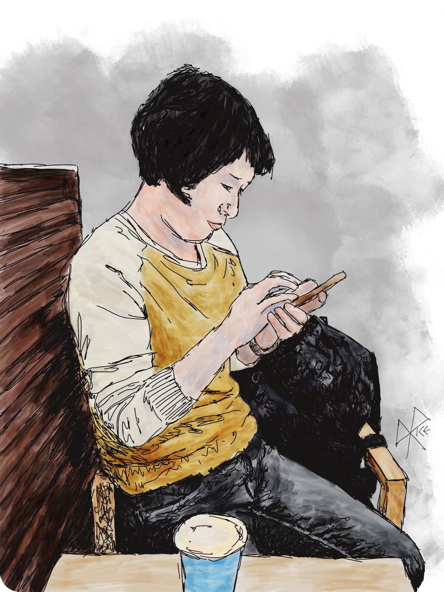 A woman sitting in a coffee shop, disposable cup on the table in front of her, fully engaged with her phone as she types and swipes its face. Sketch art by Don Rice. A woman sitting in a coffee shop, disposable cup on the table in front of her, fully engaged with her phone as she types and swipes its face. Sketch art by Don Rice.